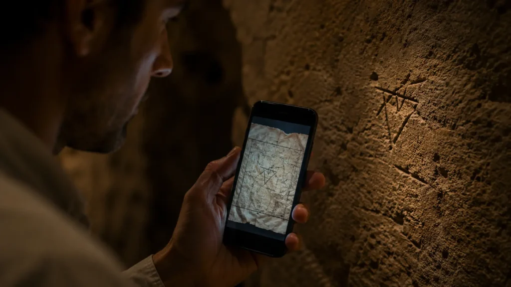 Barış compares an ancient carved symbol on the wall with a mysterious mark on a fragment inside Derinkuyu underground city.