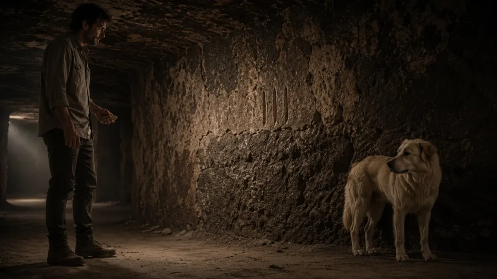 Barış faces Noah beside three ancient marks in Derinkuyu Underground City.