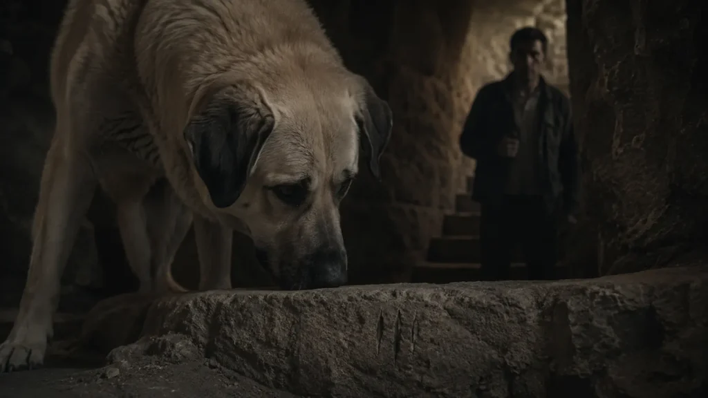 A Kangal dog quietly examines three scratch marks on a stone wall in Derinkuyu underground city as Barış watches from behind.