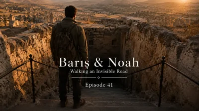 Barış stands at the entrance to Derinkuyu Underground City before descending into darkness.
