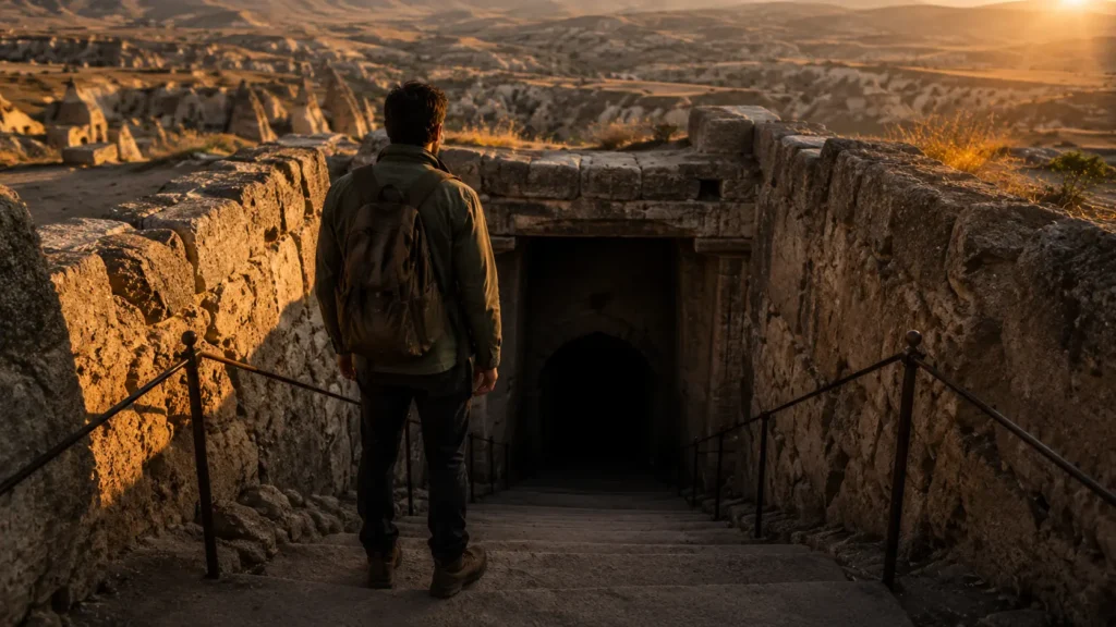 Barış stands at the entrance of Derinkuyu Underground City in Cappadocia before descending into the ancient underground passage.
