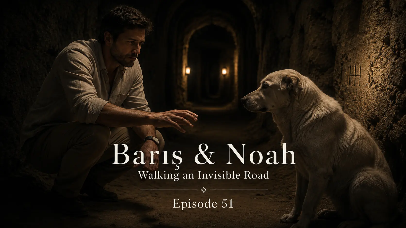 Barış reaching toward Noah inside Derinkuyu Underground City