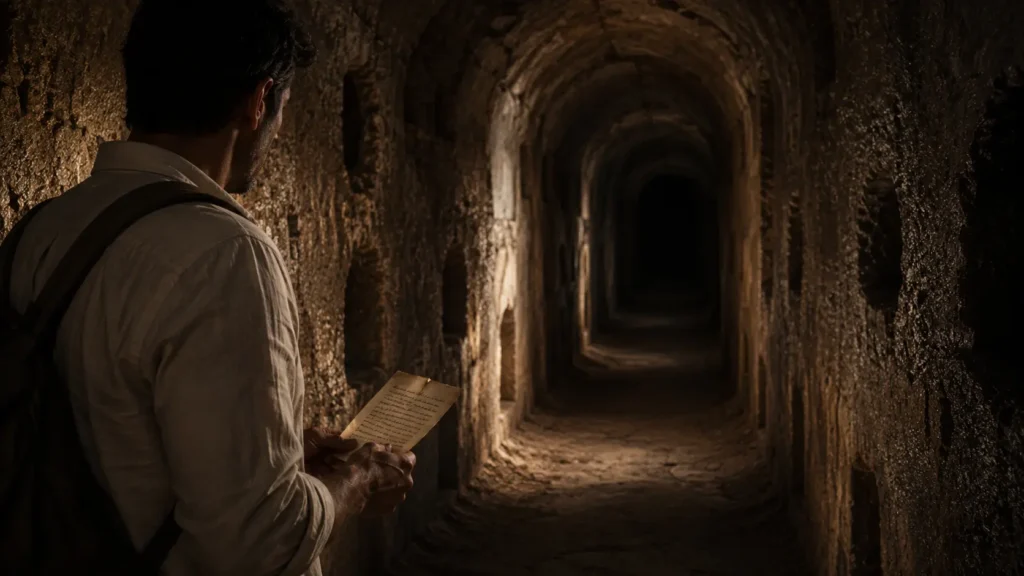 Barış holds his father's letter while facing a dark underground corridor in Derinkuyu Underground City, Cappadocia.