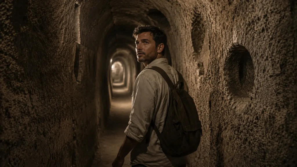 Barış looks back while walking through a quiet underground passage in Derinkuyu Underground City, Cappadocia.