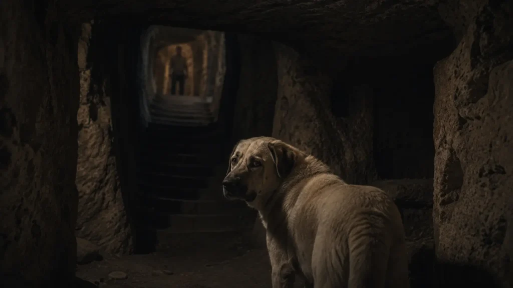 A Kangal dog quietly looks back at Barış inside Derinkuyu underground city.