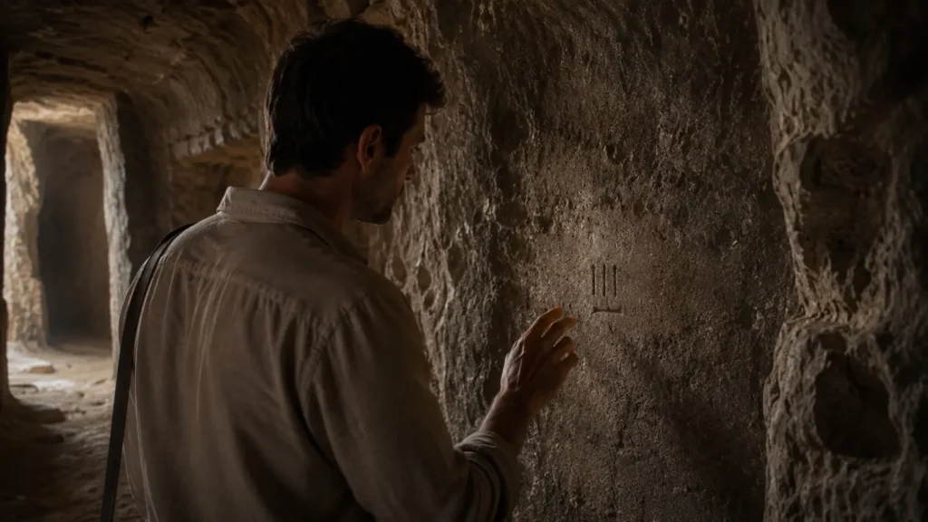 Barış discovers mysterious carved marks on an ancient stone wall inside Derinkuyu Underground City.
