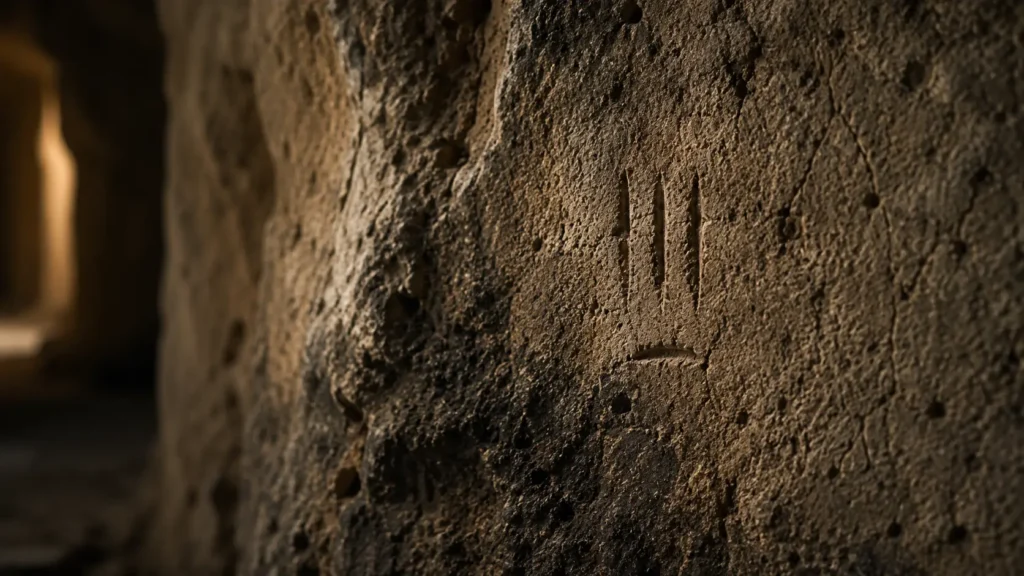 A mysterious symbol carved into the ancient stone wall inside Derinkuyu Underground City, discovered during Barış's journey.