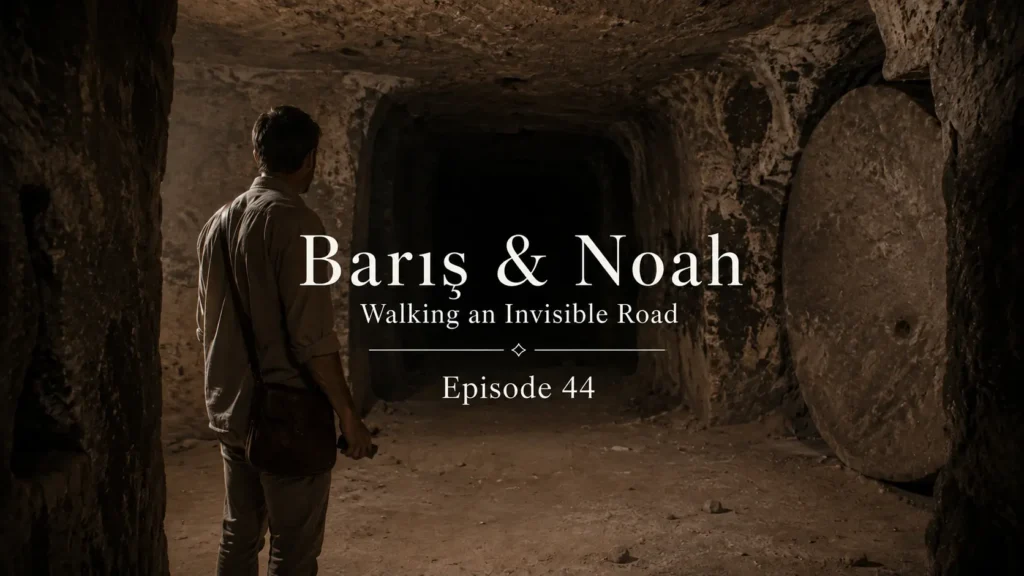 Barış stands silently in a narrow underground passage inside Derinkuyu Underground City, facing the darkness ahead in a quiet moment of psychological mystery.