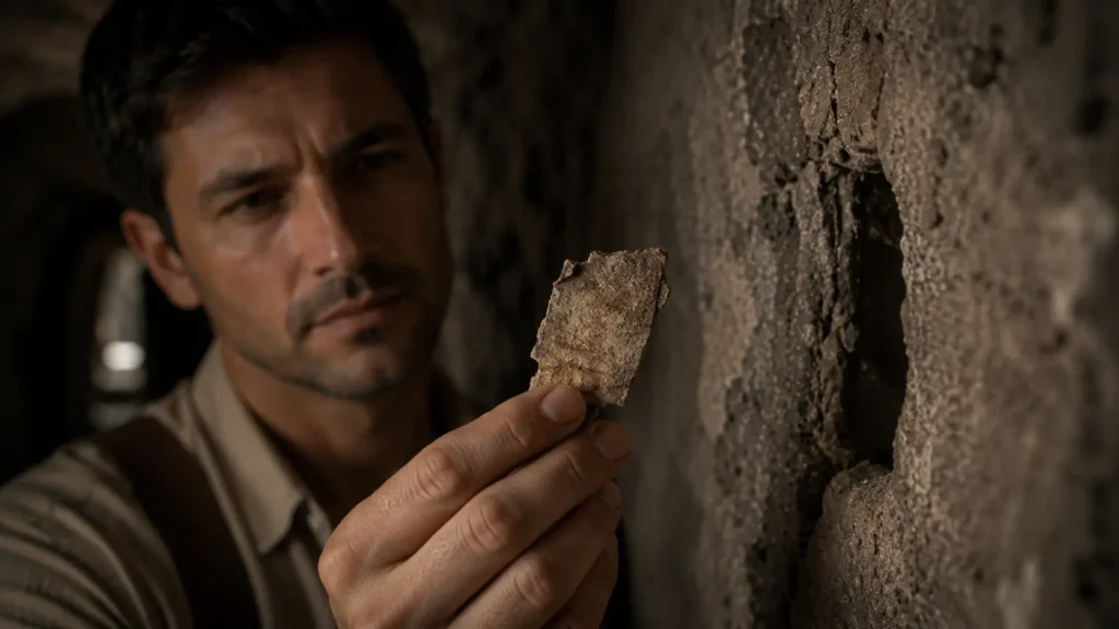 Barış carefully examines a mysterious fragment removed from a hidden gap in the wall inside Derinkuyu Underground City, searching for clues left by his father.