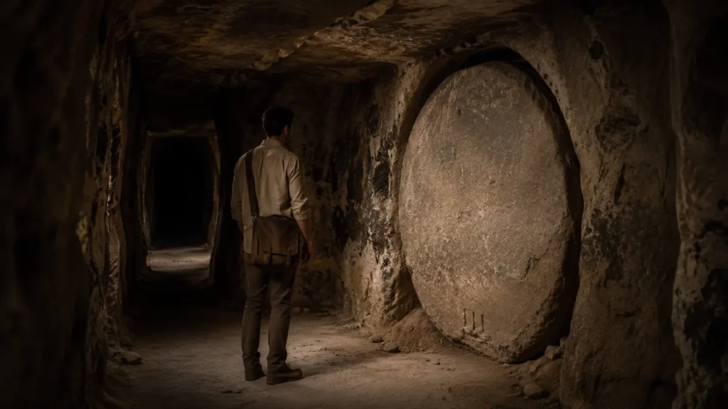 Barış stands before an ancient circular stone door inside Derinkuyu Underground City, discovering mysterious marks that may reveal his father's hidden path.