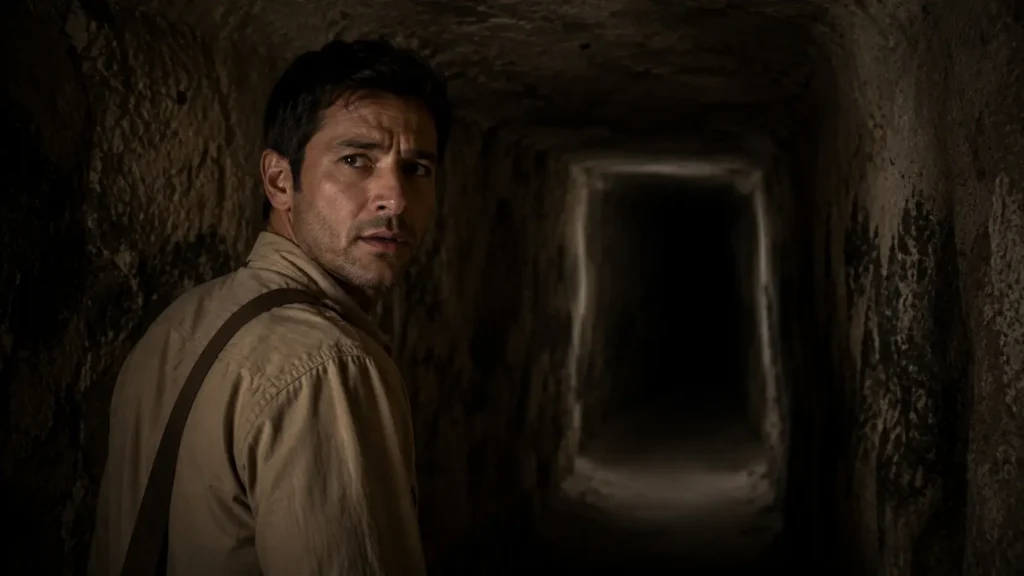 Barış turns back inside the dark tunnel of Derinkuyu Underground City after sensing an unseen presence behind him.