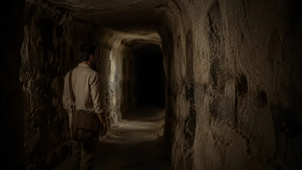 Barış stands alone inside a dark corridor of Derinkuyu Underground City, facing an unseen presence in the silence beneath Cappadocia.