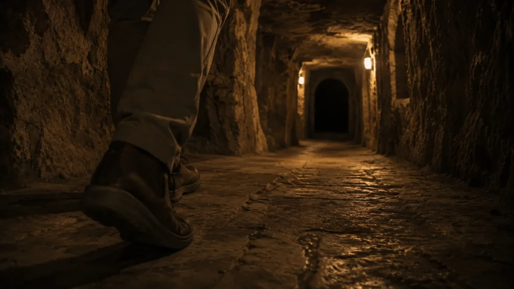 Barış takes a careful step into the ancient corridor of Derinkuyu Underground City, following a silent path toward the unknown.