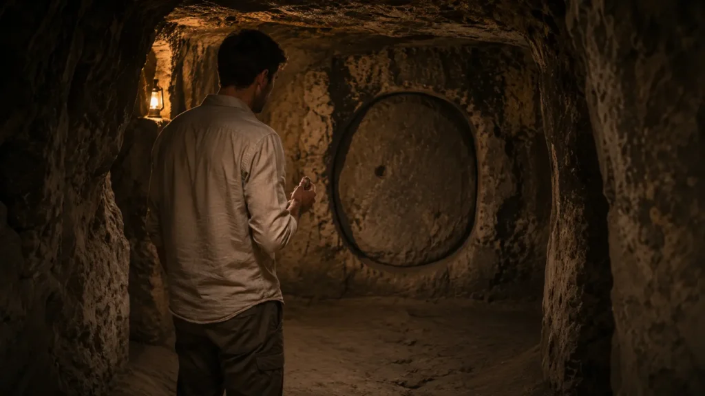 Barış stands before the ancient stone door inside Derinkuyu Underground City, holding a small fragment in silence.