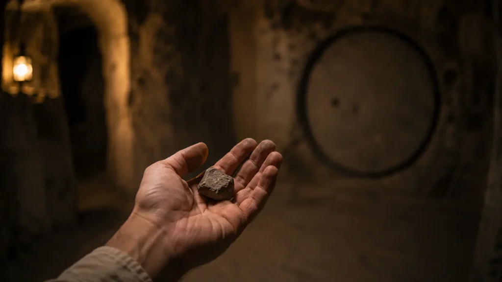 Barış holds a small stone fragment before the ancient stone door inside Derinkuyu Underground City.