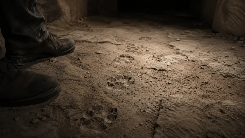Fresh paw prints on the floor of Derinkuyu Underground City beside Barış's boots.