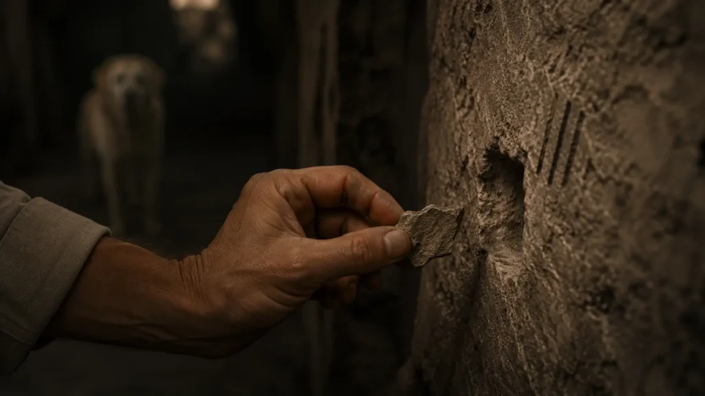 Barış holds a small stone fragment near carved marks inside Derinkuyu Underground City.