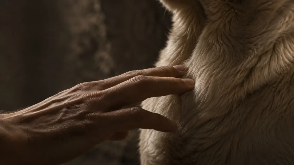 Barış gently touches Noah's fur for the first time inside Derinkuyu Underground City.