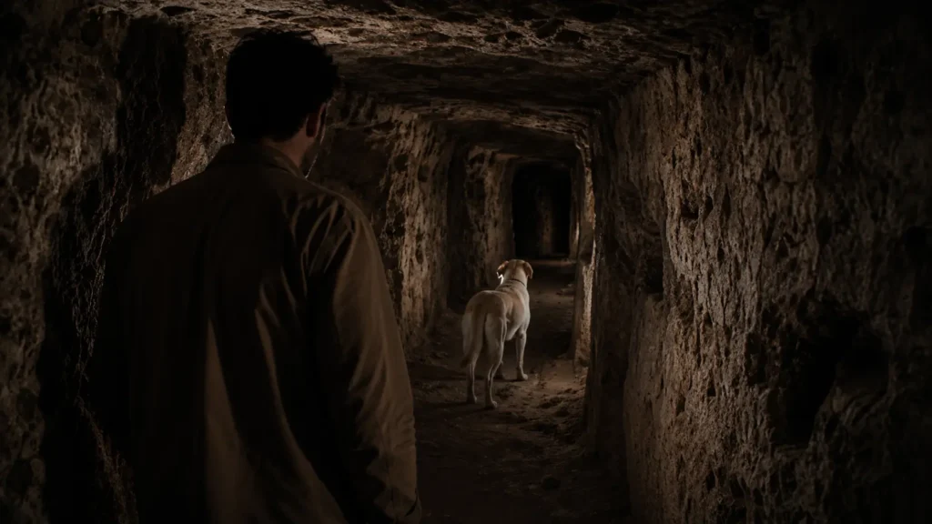 Barış follows Noah through a quiet tunnel in Derinkuyu Underground City.