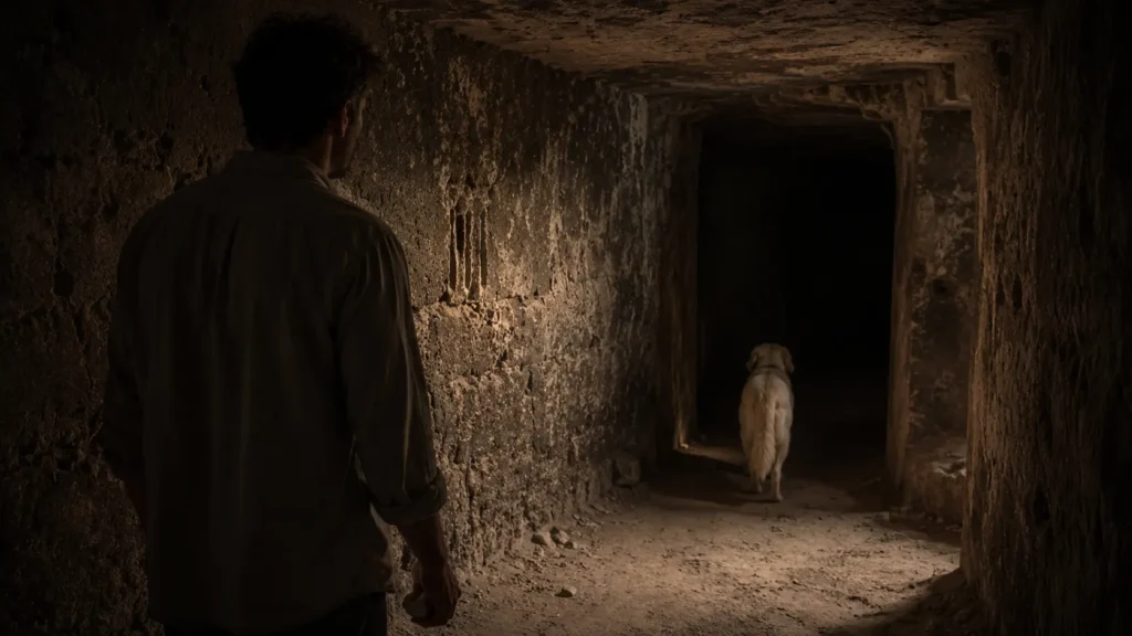 Noah walks into a dark passage in Derinkuyu Underground City as Barış quietly follows behind.
