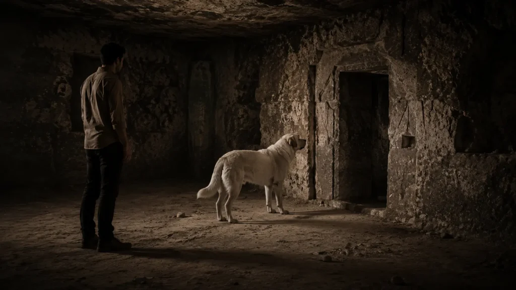 Noah stands quietly before a hidden stone doorway in Derinkuyu Underground City as Barış watches.