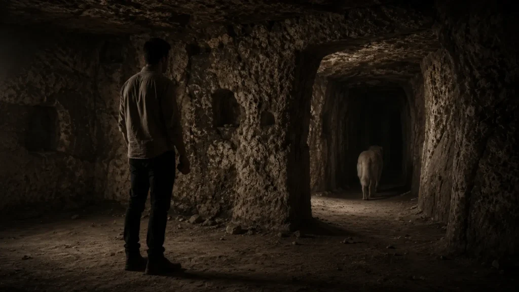 Noah walks into a dark tunnel in Derinkuyu Underground City while Barış quietly follows behind.