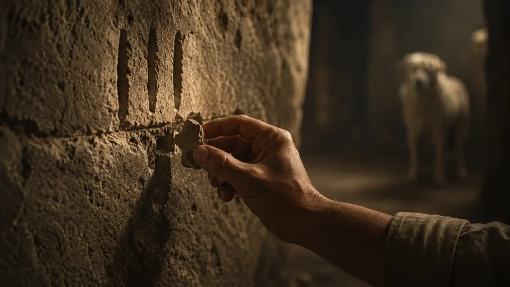 A stone fragment held near ancient marks inside Derinkuyu Underground City while Noah waits in the background.