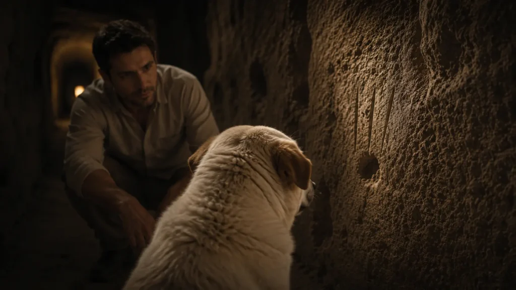 Noah facing mysterious marks on a stone wall in Derinkuyu Underground City